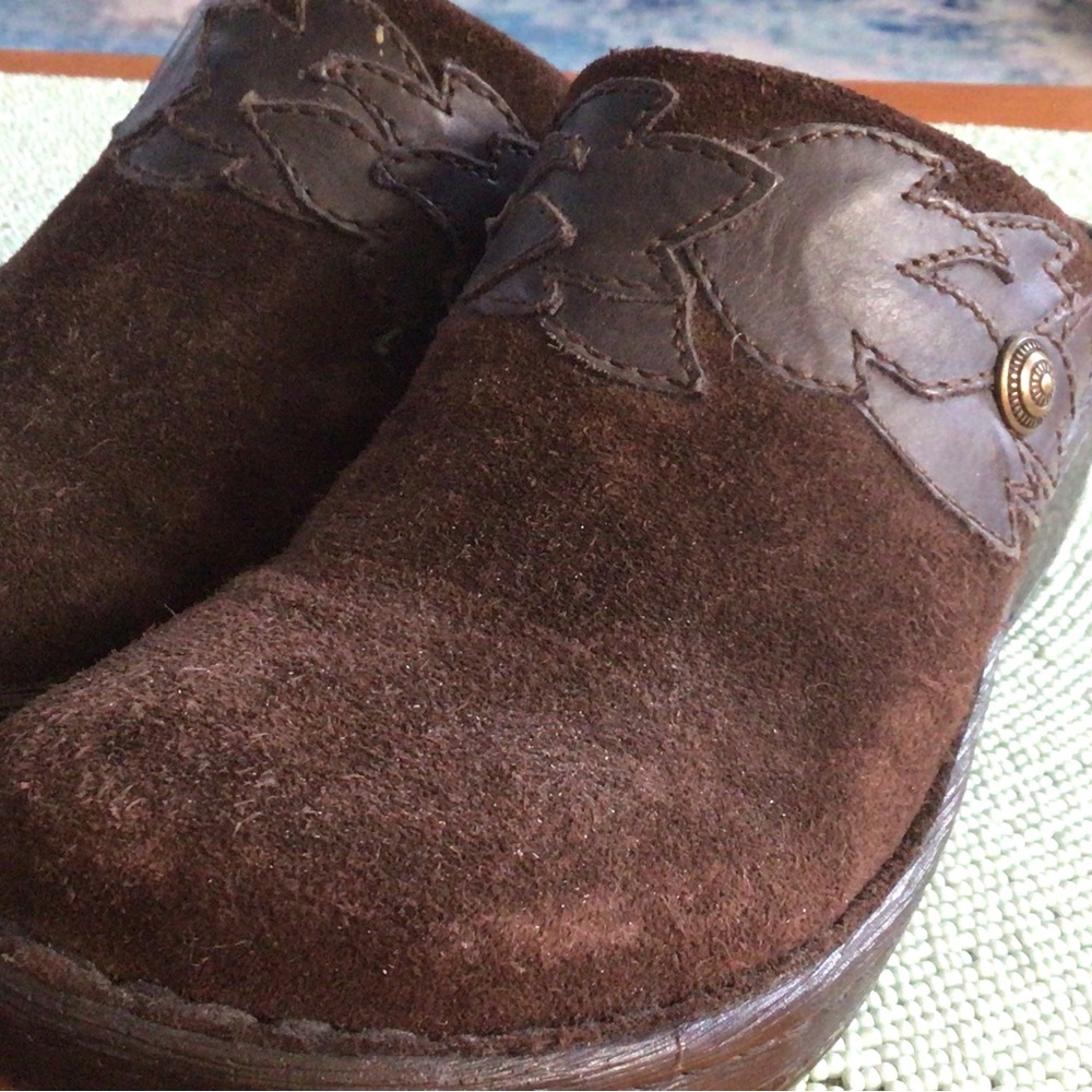 Born Dark Brown Suede Mules with Leaf Detail